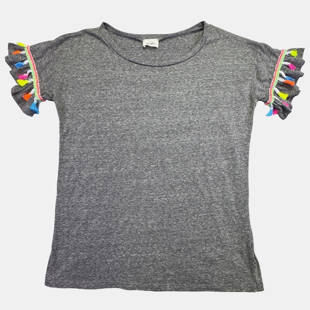 BiBi Shirt‎ Women's Medium Tassel Sleeve Tunic Top Gray Casual Short Sleeve